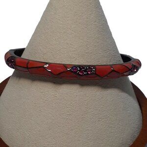 Enamel Bracelet Spring Hinge Closure Light Red with Pink Rhinestones